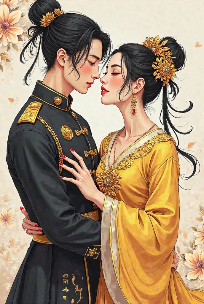 Draw a picture in the style of a Chinese colored comic book. A picture of two admiring women embracing each other, look at each other passionately. A person in a black general costume, hair high like men. A person dressed in a yellow princess outfit, on to...