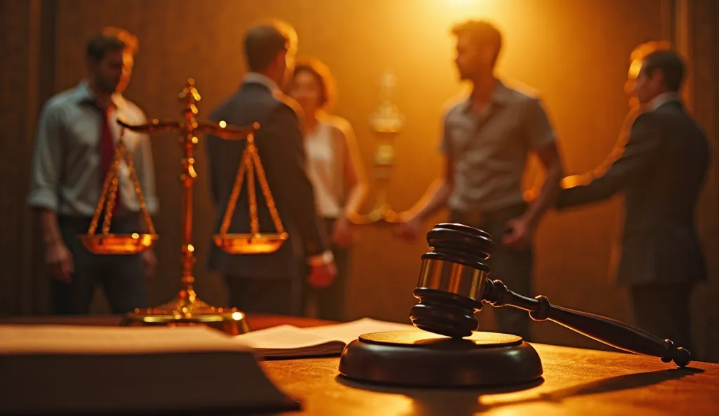 "A powerful courtroom scene bathed in warm golden-orange lighting. A large wooden judge’s gavel slams down forcefully on a desk, symbolizing justice and legal consequences. In the background, a scale of justice glows under a focused spotlight, emphasizing ...