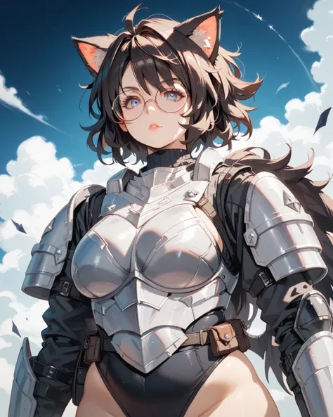 A scifi rpg scene featuring a woman with dark brown, short messy hair and black cat ears. She has a chubby face, She has blue eyes, a chubby fat stomach, and realistic proportions. she has a style of armor with blue and white designs in the style of helldi...