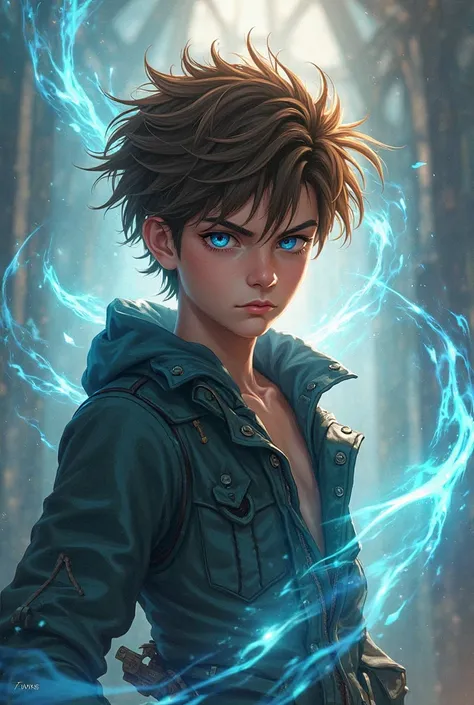 A boy with brown hair and blue eyes, with air powers with air in the background, Realistic, a boy plus badboy