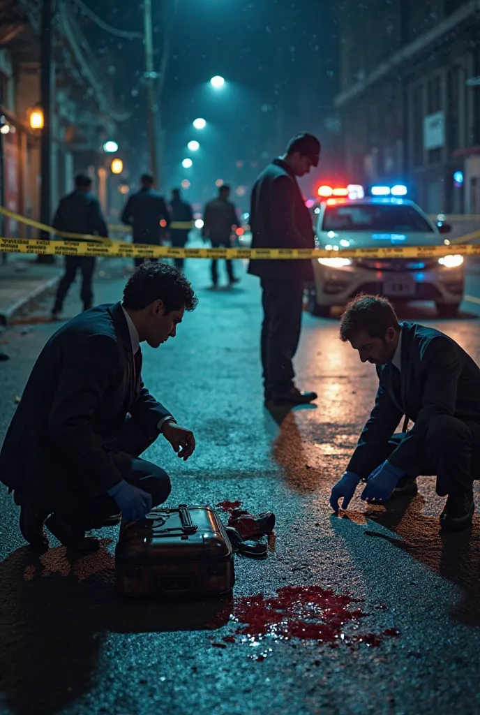 Prompt:
A realistic crime scene where a Special Investigation Team (SIT) is actively working on a high-profile murder case. The scene is set in a dimly lit urban area at night, with police tape marking the perimeter. A group of investigators, dressed in fo...