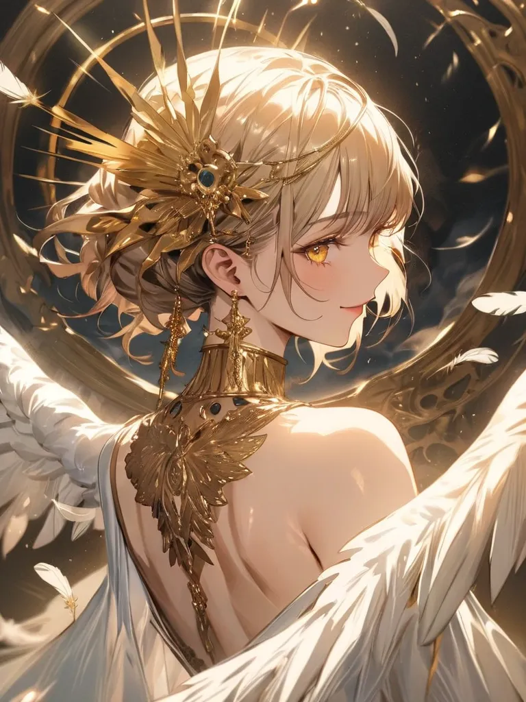 ((((  masterpiece)))), (((( Top Quality)))),  Hi-Res,fine grain, detailed face,,指の本数が正like,1 girl,  Gold, Angel,女god, yellow eyes, look here, turn their backs,point your face here,Feathers grow from my back ,Part of the face is hidden by feathers,smile, I ...