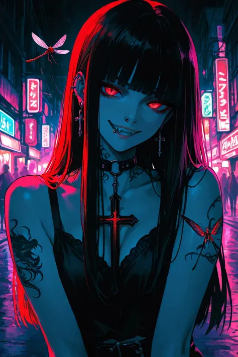 "Anime-style woman with jet-black, straight, long hair and bold blunt bangs. She has a detailed dragonfly tattoo centered on her neck, a septum piercing, a nose ring, and a labret piercing. She wears cross earrings. Her arms and body are covered in 50+ col...