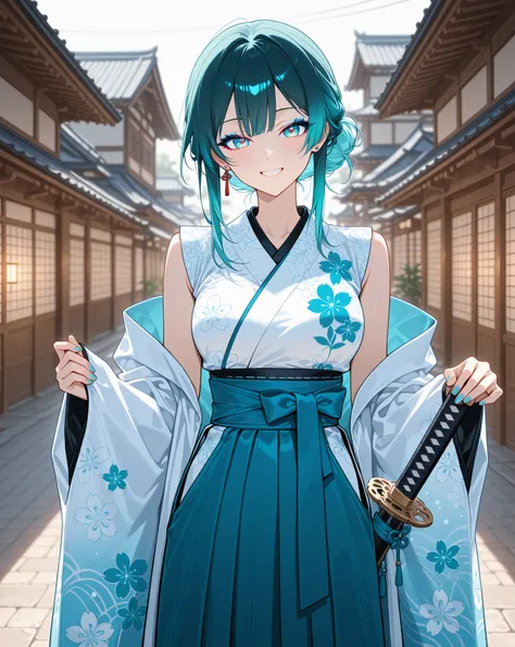 1girl, solo, parallel perspective, wide shot, looking at viewer, from afar, cute girl, cold white formal-closed japanese kimono, deep dark blue hakama floral patterned, light blue kimono coat, loose clothing, (blueish eyes, perfect eyes, detailed iris eyes...