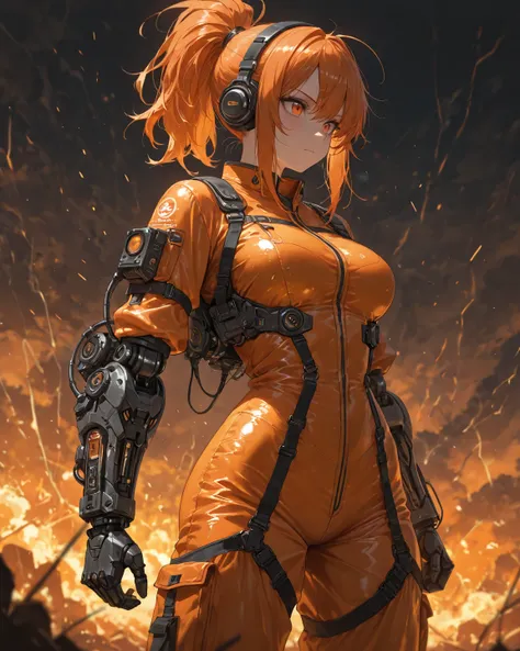 mech female, disheveled hair, (sidelocks), shiny orange hair, (high ponytail hair :1.5), medium hair, futuristic exoskeleton, futuristic instrumentation, (orange futuristic jumpsuit), (deboss processing decoration on body), (headphones gear), glowing orang...