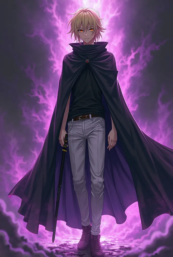 anime style, 1boy, black compressed t-shirt, white pants, black cape, blonde, medium hair, Golden eyes, skinny, 1katana, purple aura, intimidating aura