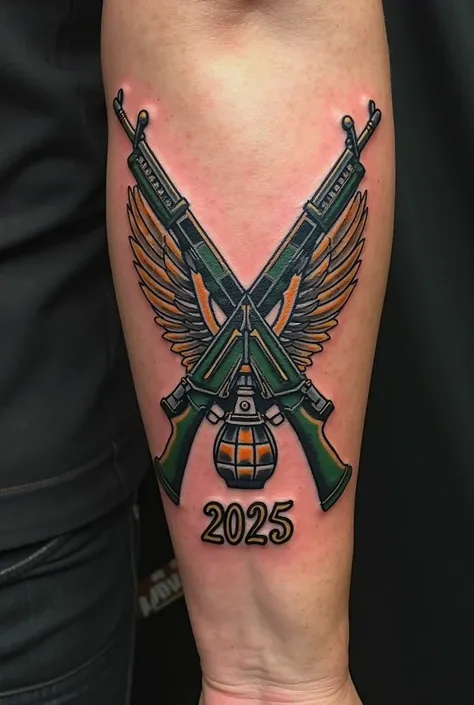 Creating an image referring to the Brazilian Army's armored air symbol to make a 20 cm tattoo with realistic and unique images creates an image to make this tattoo that would be two crossed rifles and a grenade written on the bottom the year 2025 in a very...