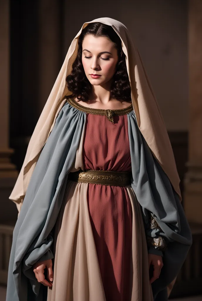 (masterpiece:1.2, highest quality),8k,wallpaper,(Vivien Leigh as Virgin Mary, reddish beige tunic, blueish beige cloak, beige veil), (((full body))), closing eyes, half opening mouth, blushing face, feeling ecstasy