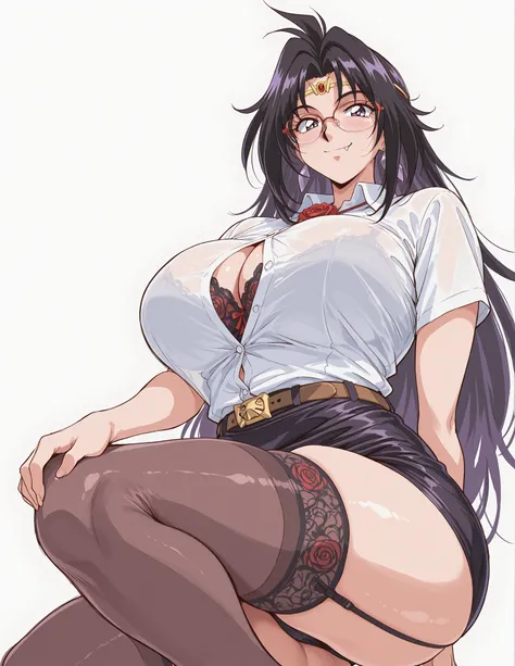 1girl, ((solo, alone)),  naga the serpent, purple eyes, retro artstyle, 1990s \(style\) , black hair,  sensitive smile, fang, white shirts, collared shirt , button gap, belt, pencil skirt, glasses, intricate black lingerie, lingerie under clothes:3.0, red ...