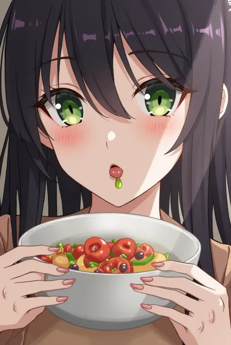 Anime girl with dark hair and green eyes licks a man's mouth, Anime drawing by Kano Naizen , Pixiv, Serial Art,  ahegao face, bewitching anime girl,  ahegao,  Smooth Anime CG Art, Anime Art with Beautiful Details, junji it&#39;s 4 k, amazing animated face ...