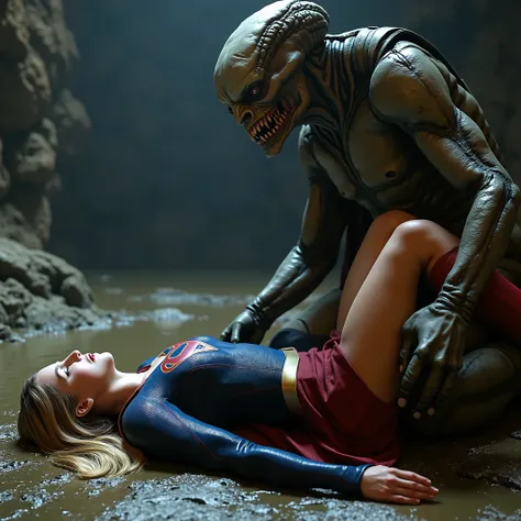 Supergirl is defeated by an alien monster, very bright white skin, her legs are spread out wide, can see whole body, She is wearing a thin black pantyhose, short red skirt, red knee height long boots, blonde hair, She is unconscious, eyes close, seriously ...