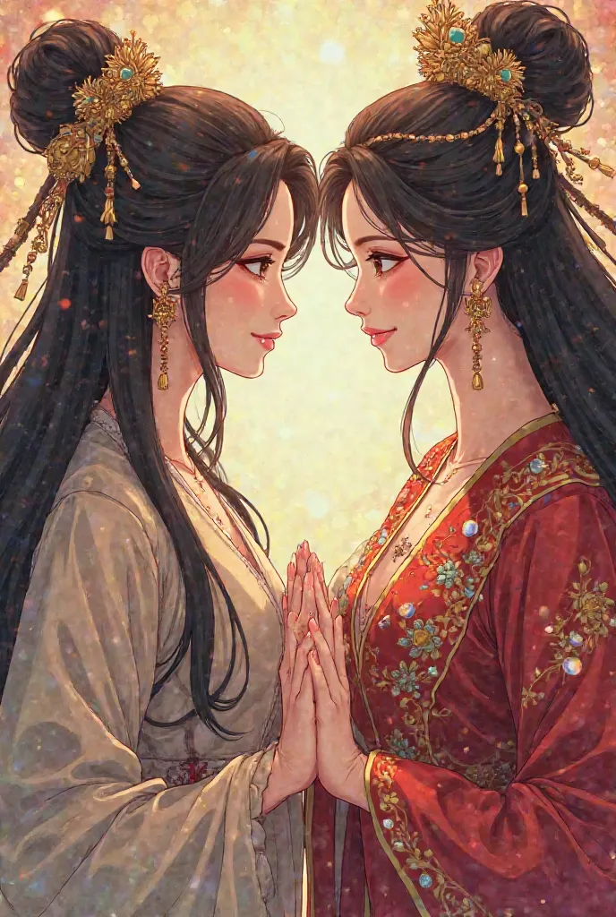 A picture with Chinese anime style. A picture of 2 women dressed in ancient Chinese costumes. A woman dressed in a general costume, loose hair without jewelry. A woman is a princess dressed in a magnificent dress with many precious stones, giant embroidery...