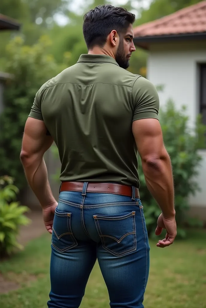 realistic photography, 35-year-old muscular (((athletic man))) , , view From below, nalgon in profile, militar green Oxford shirt and very tight blue jeans, brown belt, in profile, Big butt, viendo a cámara,  black eyes, in the yard, sexy man, very big but...