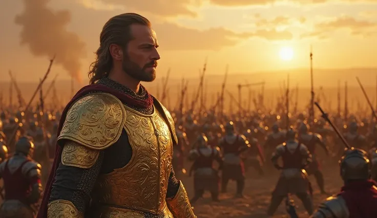 "A vast battlefield at dawn, where thousands of warriors clash; the prince leads in shining golden armor. An epic, high-intensity cinematic scene."