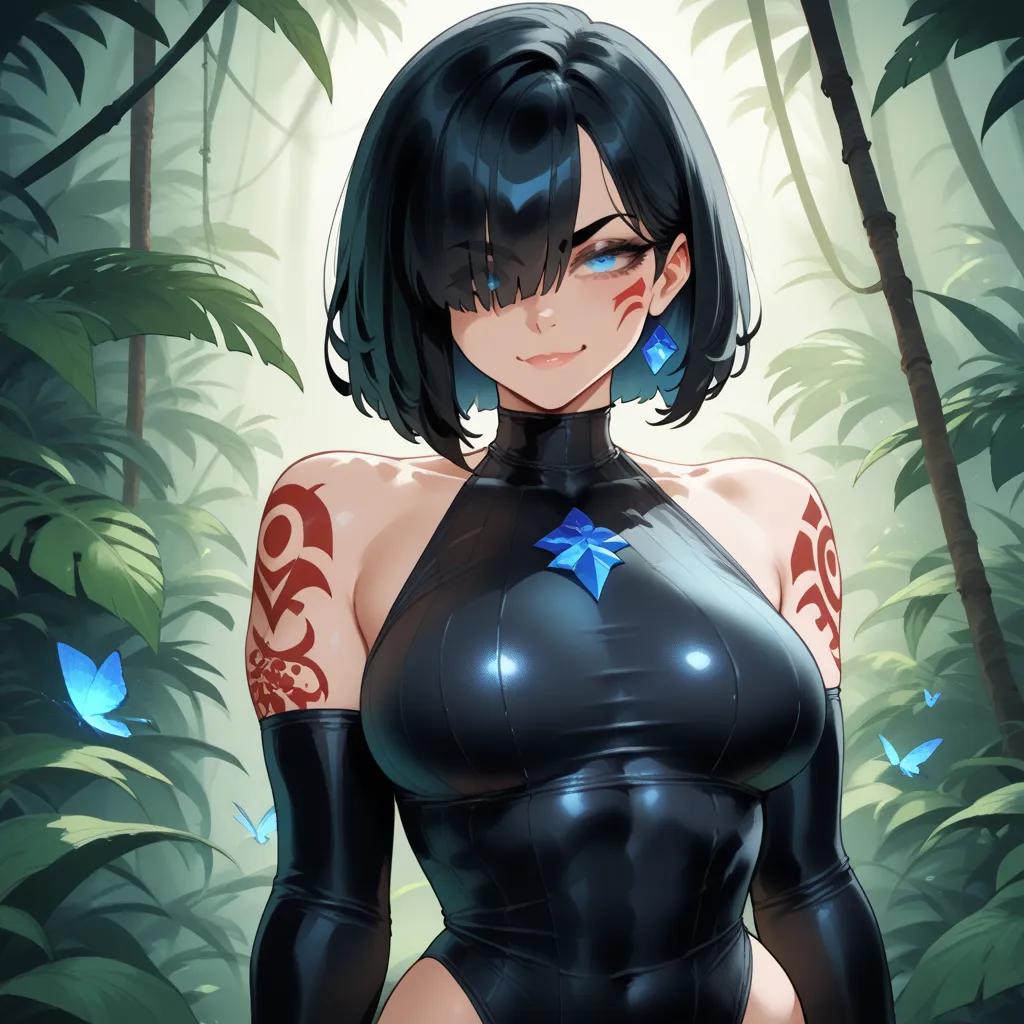 Light Skin_Female, short Black Hair, jungle setting, Adult, Blue_eyes, middle age woman, 1girl, smirk, red colored markings, Black clothing, blue crystal earings, blue crystal neckless, black forearm sleeves, black shoulder tattoos, Hair Over One Eye, tigh...