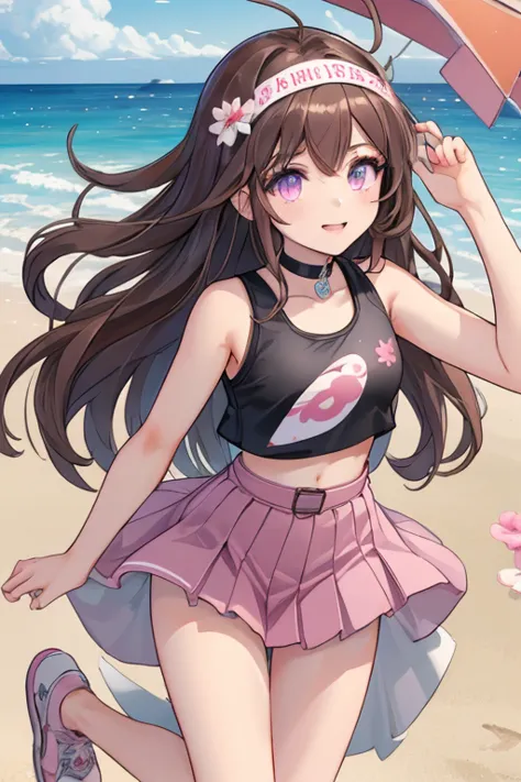  an anime girl,  Pink Eyes, long dark brown hair , ((dark brown hair)),  pink sportswear, good face, cute body, big arms and legs, pleated pink skirt, pink sports skirt, ((Black fitted short top )), Square black sleeveless fitted compression crop top, smal...