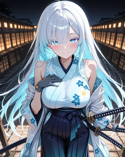 1girl, solo, parallel perspective, wide shot, looking at viewer, from afar, cute girl, cold white formal-closed japanese kimono, deep dark blue hakama floral patterned, light blue kimono coat, loose clothing, (blueish eyes, perfect eyes, detailed iris eyes...