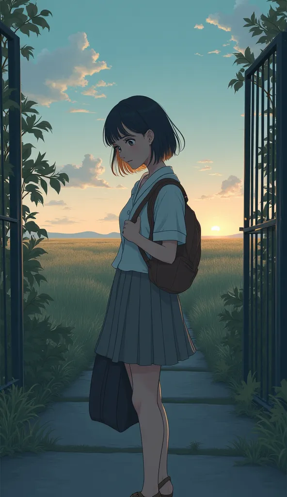 A melancholic anime-style illustration of a 25-year-old woman standing at the school gates, her gaze fixed on the empty field beyond. She clutches the strap of her school bag tightly, as if holding onto the last threads of their time together. The soft hue...