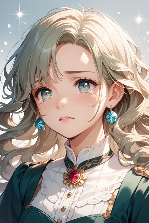 A beautiful anime-style girl with pastel colors, now with a sad and melancholic expression. Her sparkling eyes are filled with emotion, slightly teary, and she looks downcast or on the verge of crying. Her soft, flowing hair and delicate outfit remain the ...