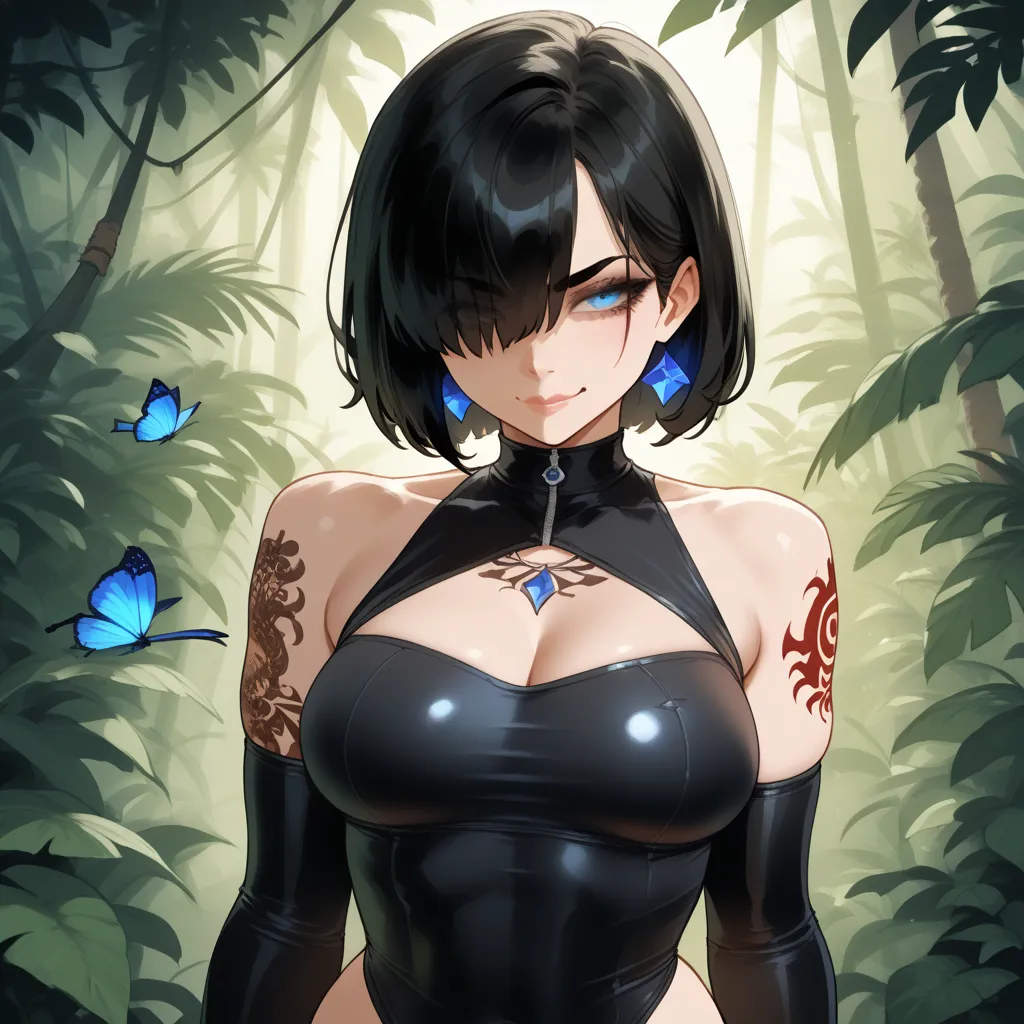 Light Skin_Female, short Black Hair, jungle setting, Adult, Blue_eyes, middle age woman, 1girl, smirk, red colored markings, Black clothing, blue crystal earings, blue crystal neckless, black forearm sleeves, black shoulder tattoos, Hair Over One Eye, tigh...