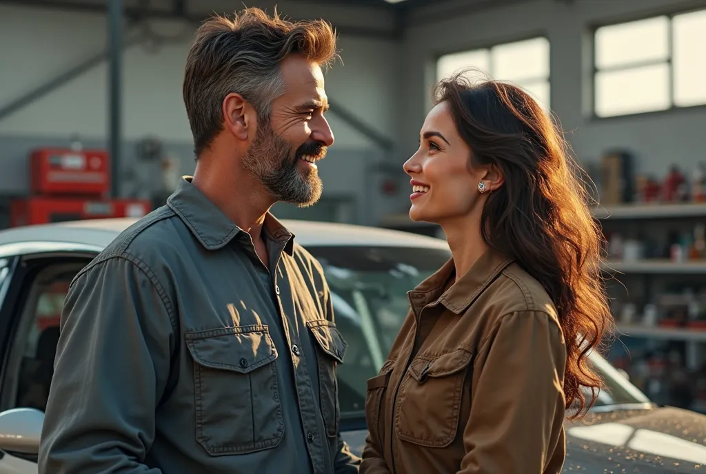 (photorealism): mechanic man with a beautiful woman standing next to a car and talking while smiling