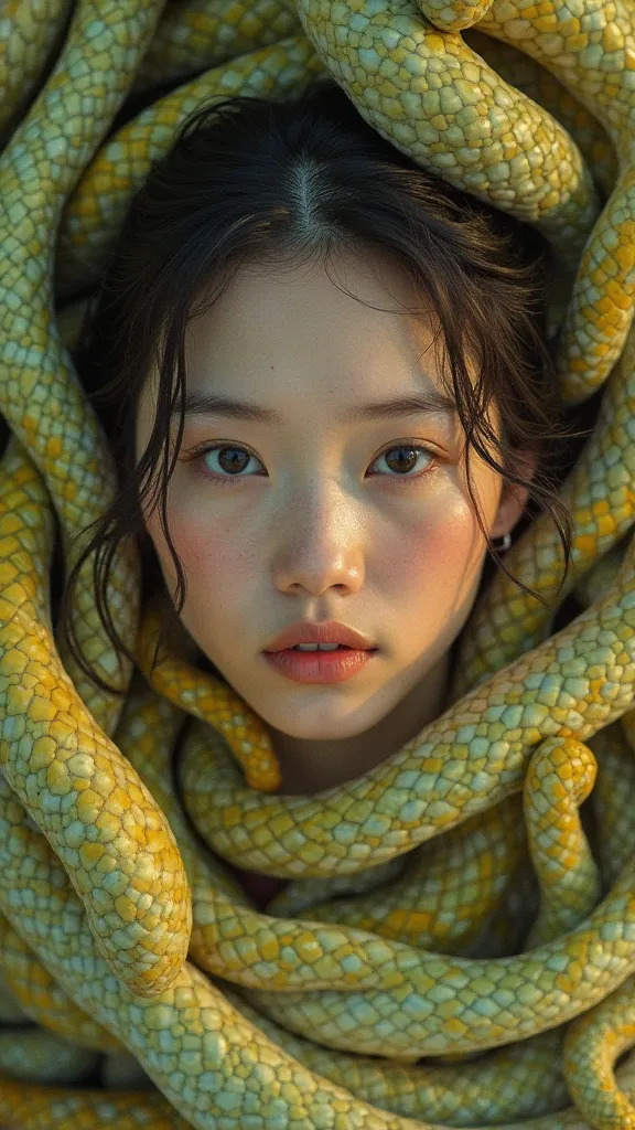 (AWPortraitFL LoRA V16),a girl's face in the middle of many green and yellow snake face, in the style of chinapunk, iconic album covers, soft-focus portraits, luke fildes, light amber and silver, exotic, captivating lighting (stylize F.11_V11)