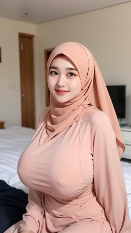  a beautiful young woman hijab, 2 girl, (((super big breast))), (very huge big breast covered) perfect face, (((very huge big breast,))), ((( Big Breast))) long dress muslim, Slim Face、18 years old, still young, Pretty Lady,  smile eyes, sleep in bedroom, ...