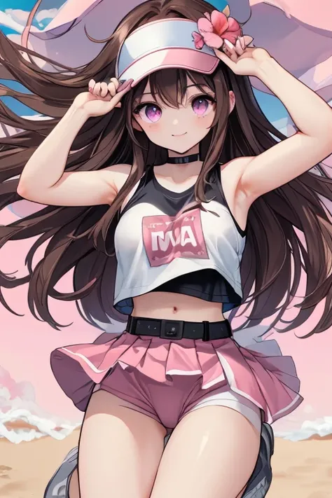  an anime girl,  Pink Eyes, long dark brown hair , ((dark brown hair)),  pink sportswear, good face, cute body, big arms and legs, pleated pink skirt, pink sports skirt, ((Black fitted short top )), Square black sleeveless fitted compression crop top, smal...