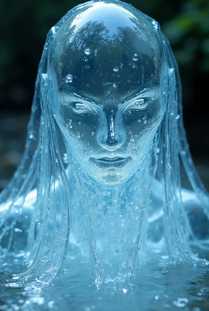 A Ghost made of Water, transparent body, clear cristal Water, show the fighting mood, clear bright eye, clear mouth, detailed face, transparent body,