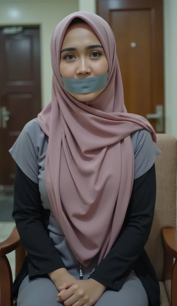 Very beautiful Malay woman,((pink long hijab), ((grey abaya with black halves)), apartment room, sitting on the chair, ((hands tied at the back)), ((have a piece of grey tape gagged her mouth)), looking upwards, ((facing camera)), super realistic, struggli...