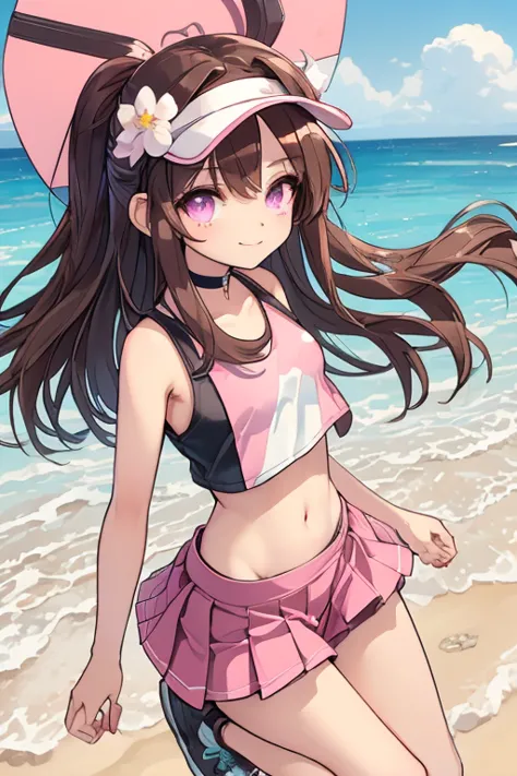  an anime girl,  Pink Eyes, long dark brown hair , ((dark brown hair)),  pink sportswear, good face, cute body, big arms and legs, pleated pink skirt, pink sports skirt, ((Black fitted short top )), Square black sleeveless fitted compression crop top, smal...