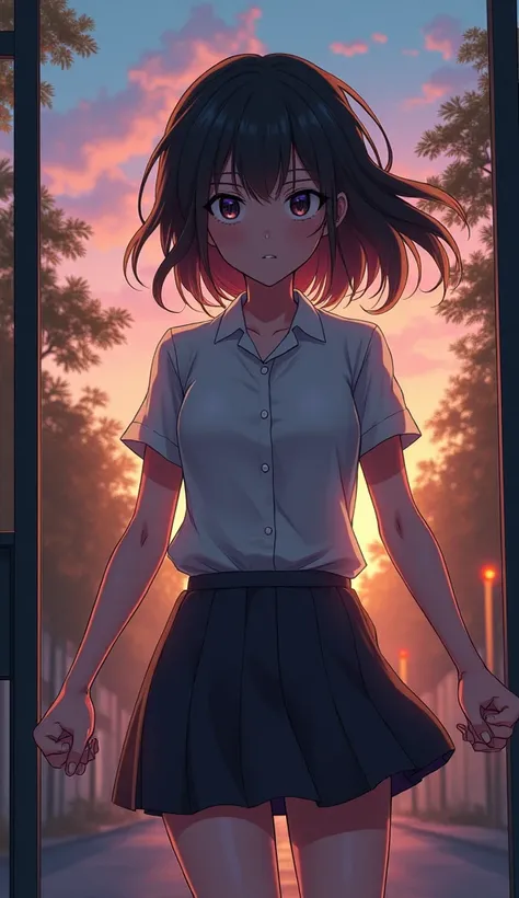 A powerful anime-style illustration of a 24-year-old woman standing near the school gate at dusk, her fists clenched and her expression determined. The wind ruffles her hair as she makes a silent decision, the soft glow of the setting sun mirroring the fir...