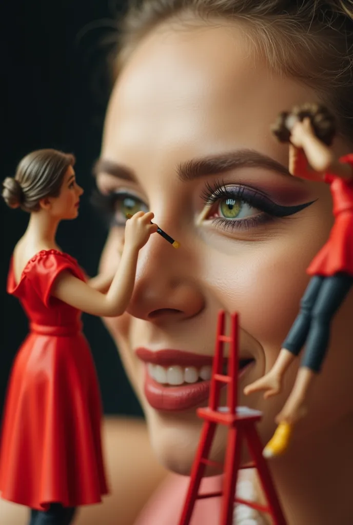 Camera zoom closer to green eye. Woman is smiling , natural blinking . Two miniature makeup artists (red dresses) meticulously applying makeup, moving hands , and heads , replicating real techniques. One on ladder gently blending eyeshadow near eye crease ...