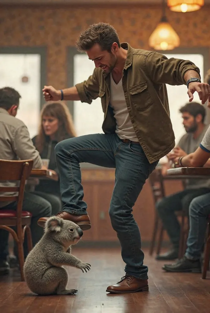 A man kicking a koala who is very sad , He went to the pizza place to fart 