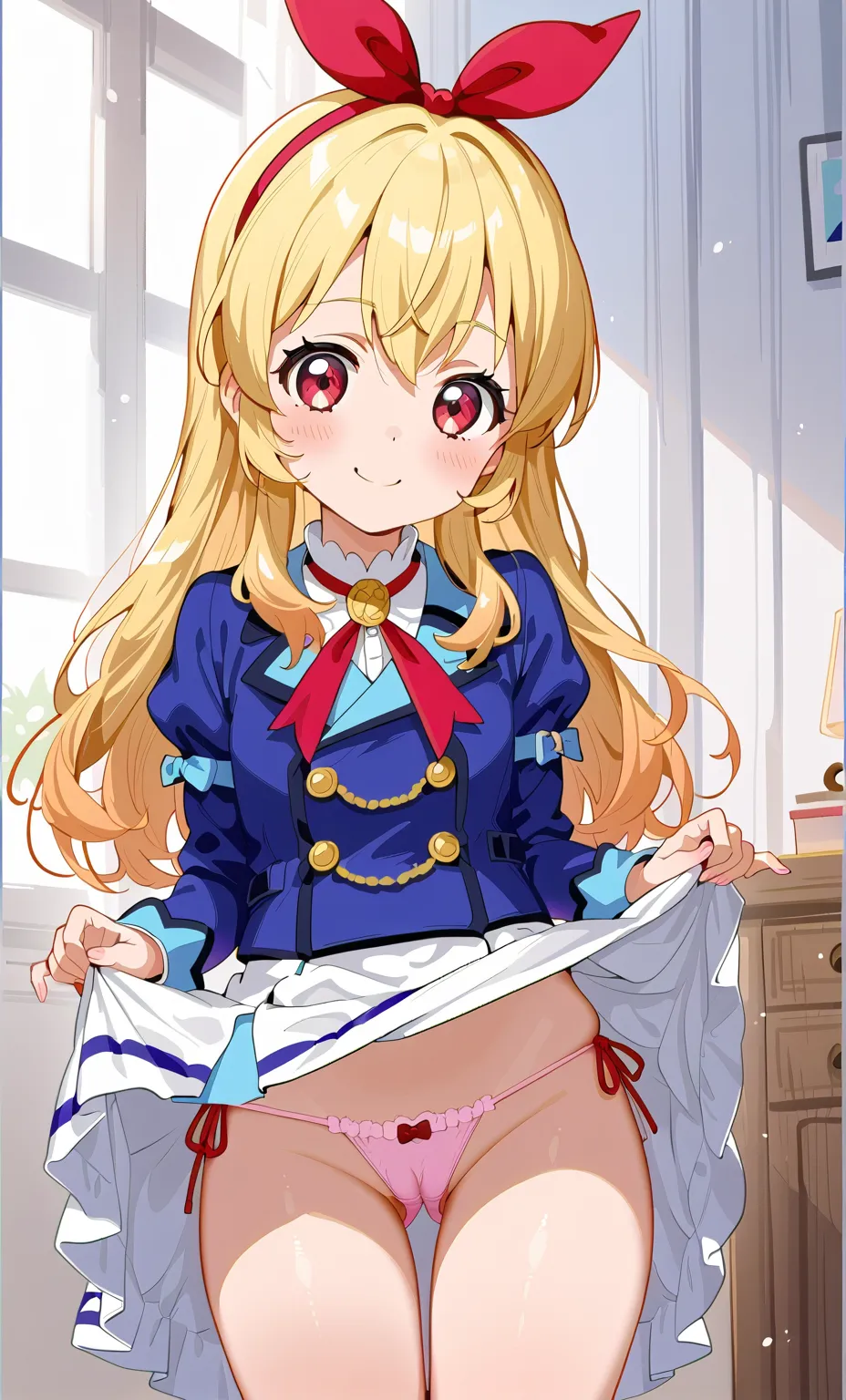 A girl is looking at me while lifting her skirt to highlight her cameltoe, showing her thighs, butt, and panties. Starlight Academy uniform, skirt, skirt lifted, lifting skirt by herself, side, blushing, Hoshimiya Ichigo, (RED Ribbon) ) Hairband: 1.2), blo...