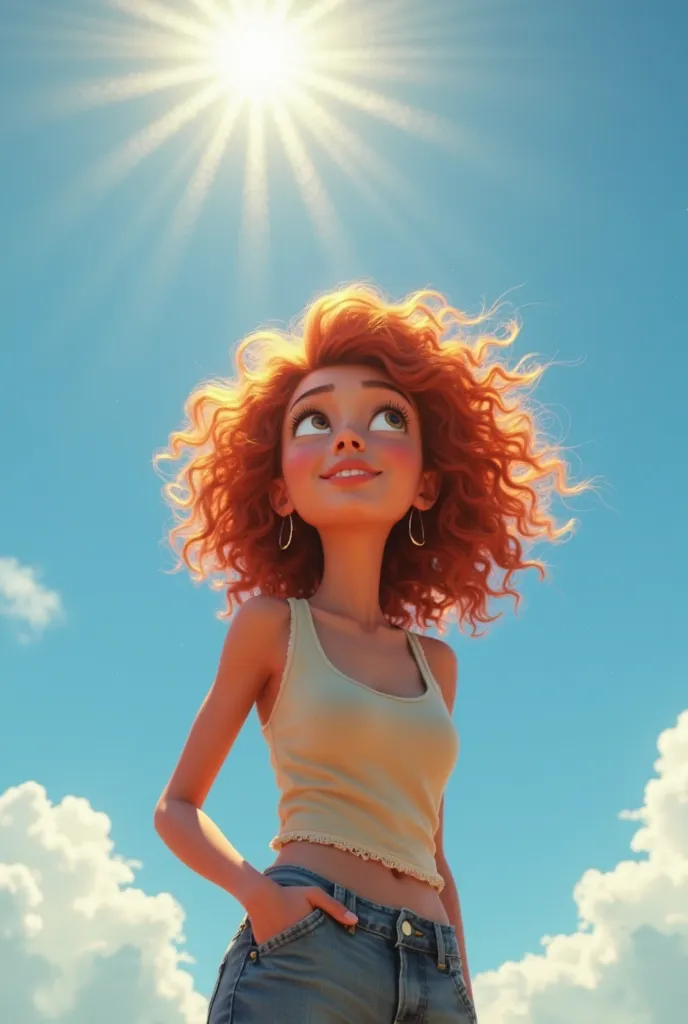 Create a Pixar-style scene showing an animated woman with curly red hair, wearing casual clothing. The woman must be looking up at the sky with an expression of wonder or contemplation, movies while the environment reflects a bright sunny day, with the sun...