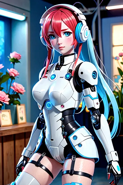 Robot anime girl with ((ivory robotic skin and pale white face)), long red hair with short side ponytail, (pink cheek dots1.4), robot arms, big blue eyes, full blush, blue headphones, blue belt, white dress with light blue trim, (((white gear on light blue...