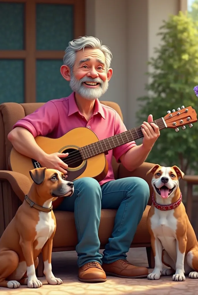 Mr. Moreno smiling 60-year-old pink shirt and blue jeans pants sitting playing guitar with a boxer breed dog with a pit bull lying on his side 