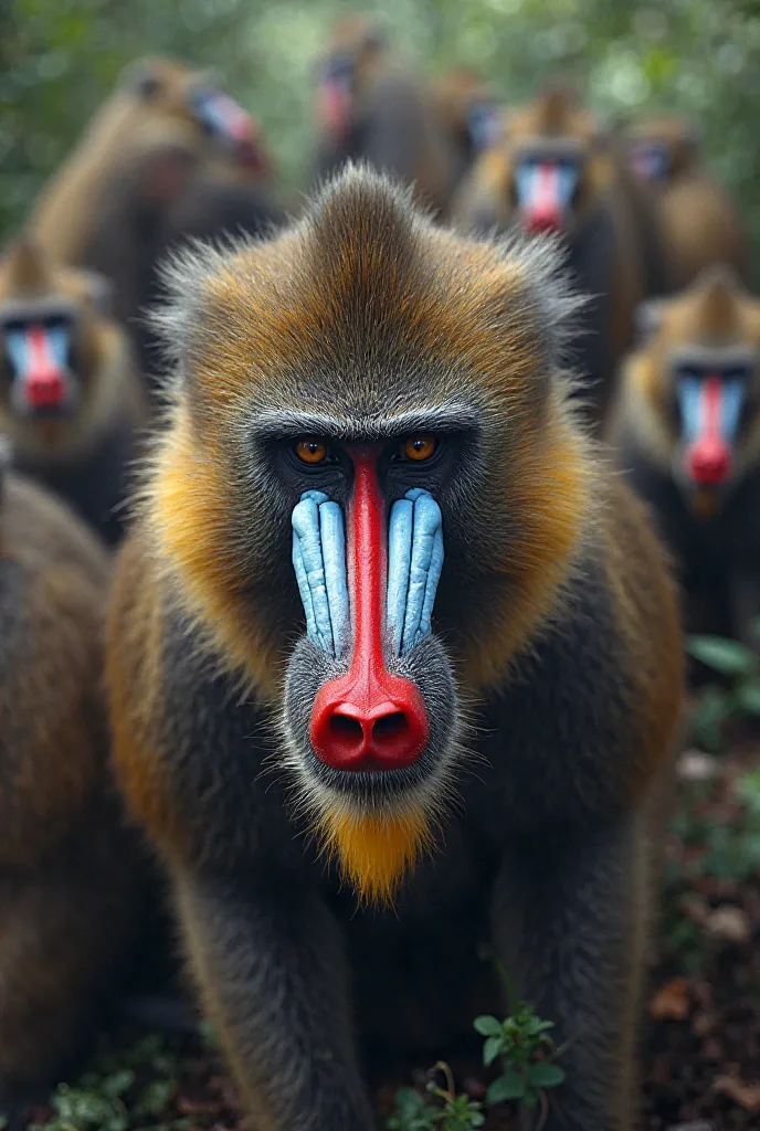 Close-up of the vibrant face of a mandril monkey, group scene showing hierarchy, colors highlighted in edition.