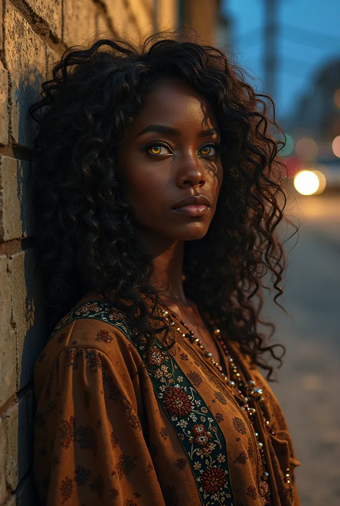 Dark-skinned woman,  long curly hair,  yellow-eyed, wearing modern Arab clothes, background of her at night propped up on a wall looking to the side