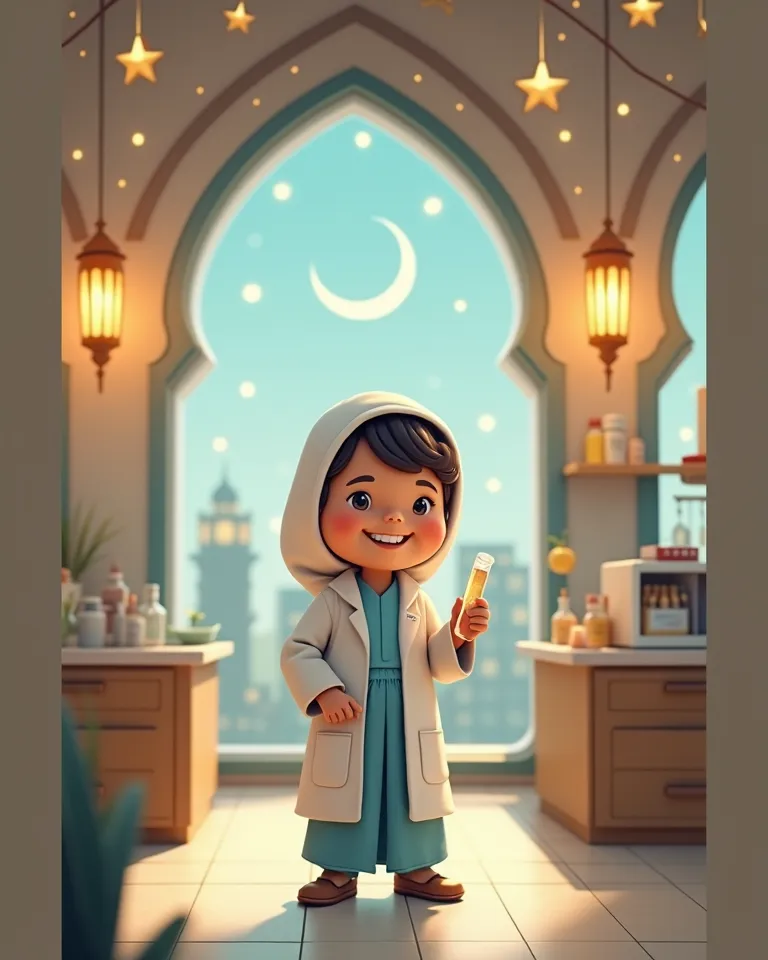 "A cute and cheerful Tiny Figure character dressed in traditional Ramadan attire, standing inside a modern medical laboratory named 'Dar Al-Teb Laboratory'. The lab is decorated with Ramadan lanterns, crescent moons, and festive stars. The Tiny Figure hold...