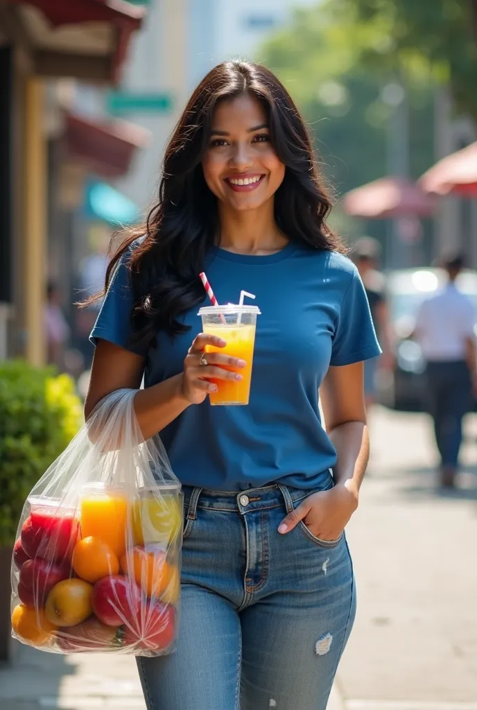 a cubby woman long black hairstylish in dressed blue t-shirt and long levi's trousers, he was standing on footpath sidewalk the central city, smiling, he bought fruit juice ice variants in giant clear plastic bags and his carrying, beautiful placed, natura...