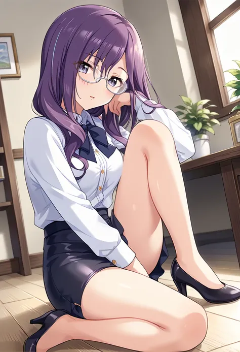 (((Yagami Makino)))、(((black tight skirt)))、((white shirt))、((((Low angle )))、(((Sitting on the floor holding your knees)))、( slightly longer hair)、(indoors)、(thighs)、 purple hair 、Glasses、 Ulchan-6500-v1.1, ( RAW photos :1.2),  beautiful detailed , very d...