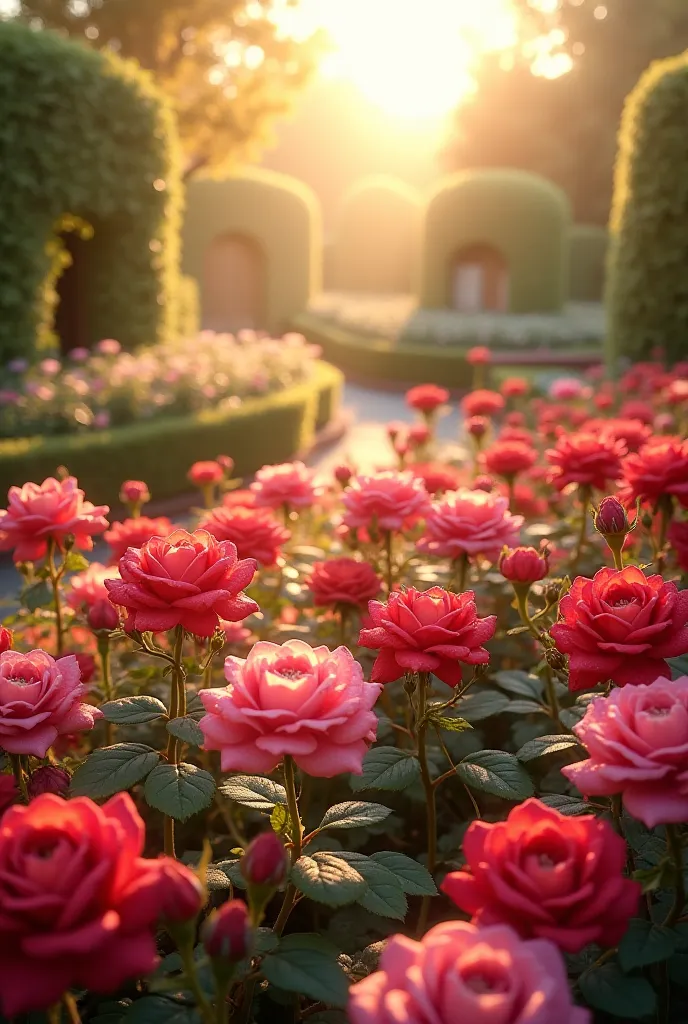 Under the morning sun, many roses bloom in the rose garden.
