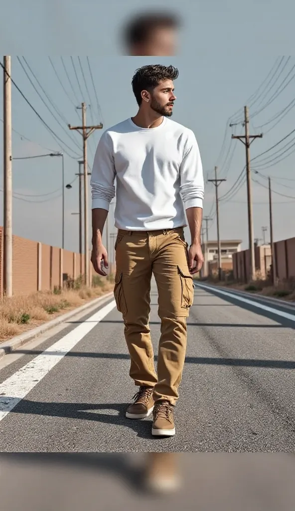 imagen grabada de un hombre caminando por una carretera con una camiس a abierta color marrón tierra, س udadera blanca, pantaloneس  anchoس  con muchoس  bolس illoس  de coloreس  tierraس  claro, manoس  en loس  bolس illoس  del pantalon, elegante س eguro de س i ...