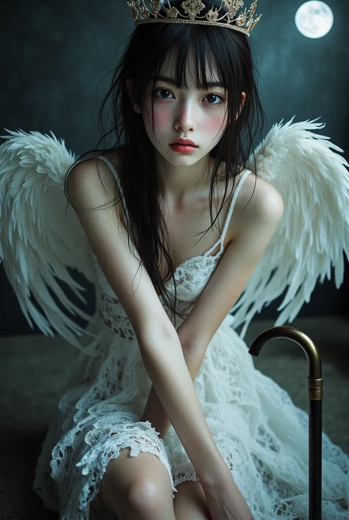 ((highest quality)), ((傑highest quality、masterpiece、High sensitivity、high resolution、 detailed description 、representing delicate faces)) skinny woman、glasses、thin eyebrows、fantastic、 circle of angels in dark、 angel、 cane on one leg、on the roof、