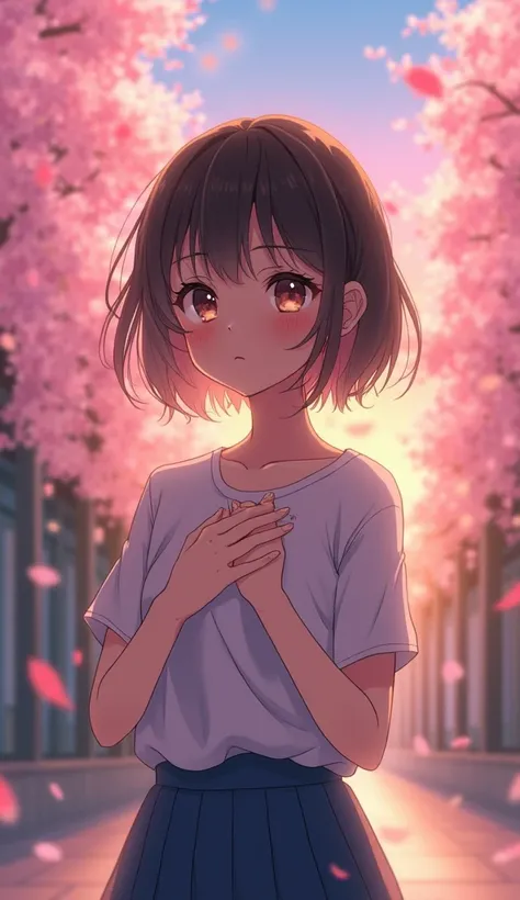 A romantic anime-style illustration of a 22-year-old woman standing in the evening glow of the school courtyard, her hands lightly pressed against her chest. Her deep brown eyes shimmer with nervous excitement as she prepares to confess. Cherry blossom pet...