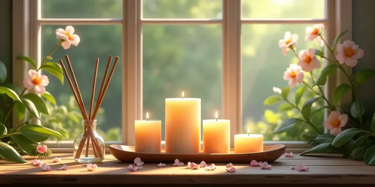 Scented Candles And Reed Diffuser On A Wooden Table With Flowers Window In The Background