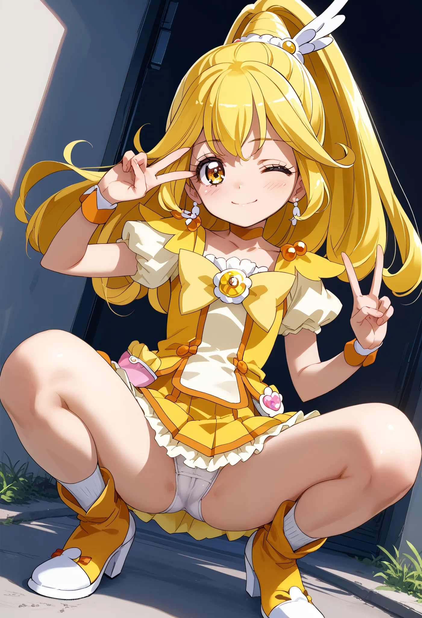 score_9, score_8_up, score_7_up, score_6_up, score_5_up, score_4_up, source_anime,newest,game cg,dutch angle, ultra-detailed face, curepeace,1girl,solo,yellow hair,cameltoe,blush,squatting,open legs,peace,one eye closed,happy smile