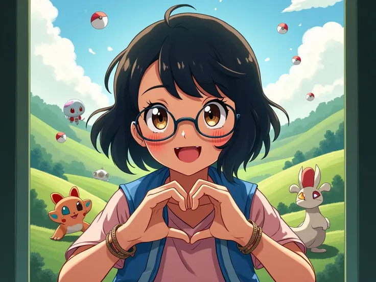 Make the anime-style image reference to " Pokemon " respecting the characteristics of the original photo, The girl on the left with brown skin, The brown eyes